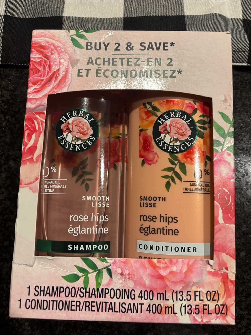 Herbal essences Rose hips shampoo and conditioner.